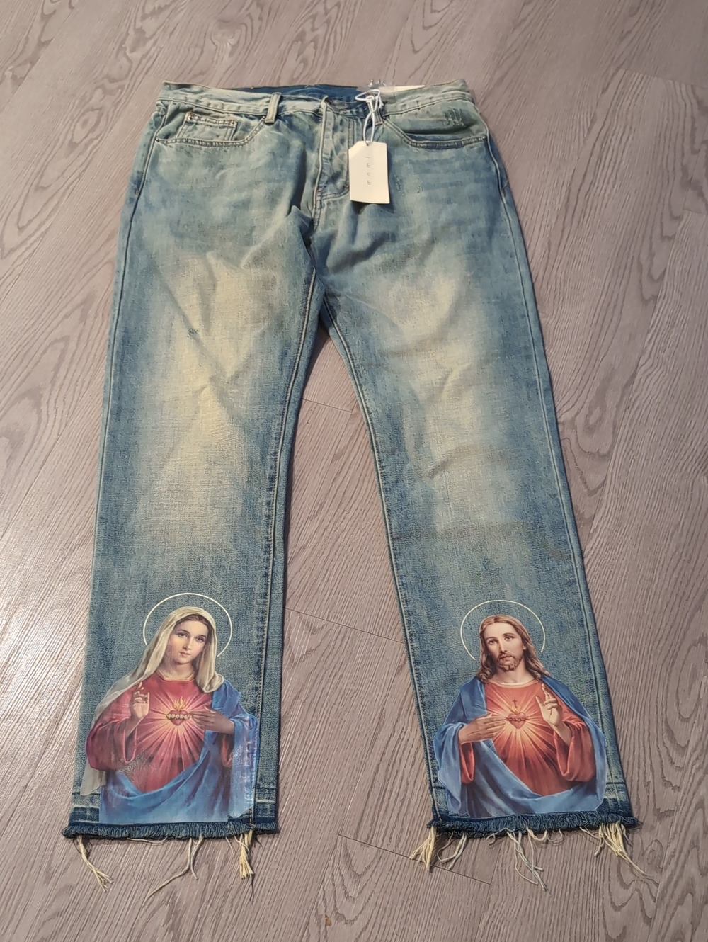 MNML Light Blue Straight Jeans with Religious Hem Prints 34x30